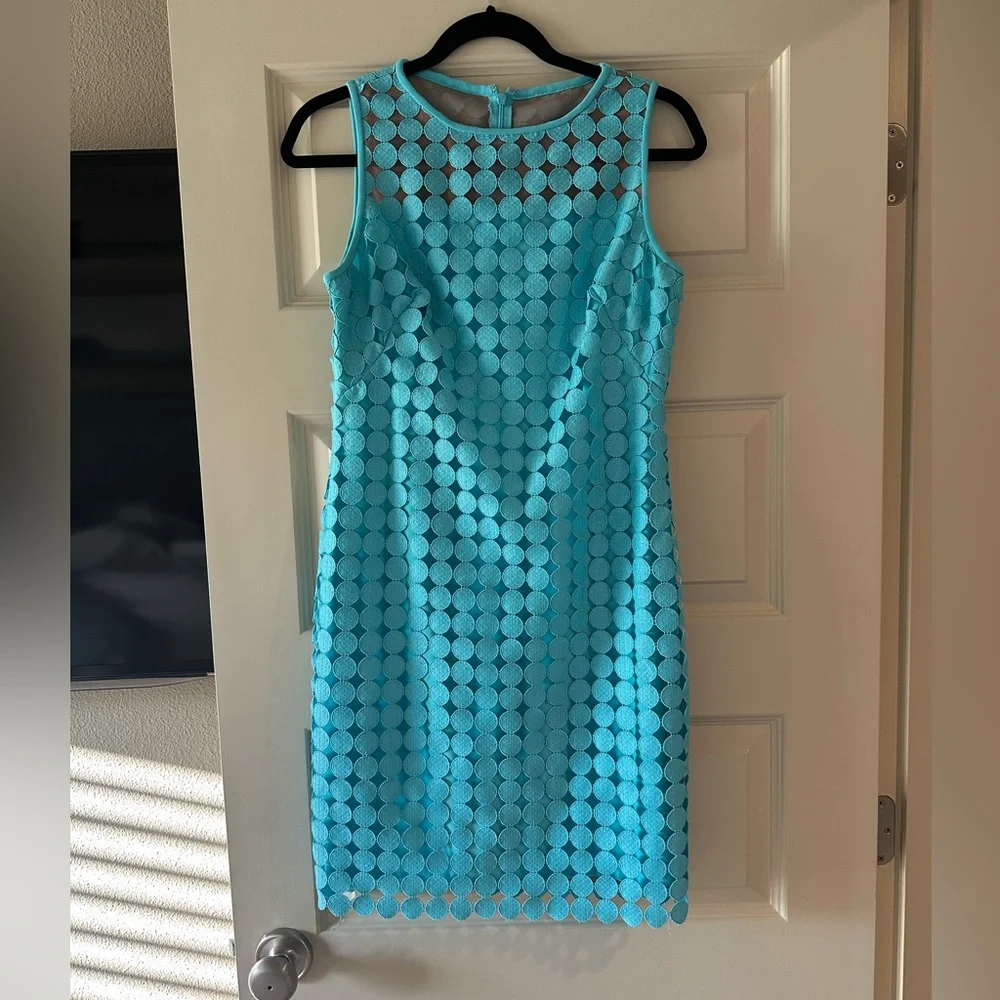 Lauren Ralph Lauren Eyelet Media Dot Lace Sheath Dress in Aqua Blue - Picture 3 of 10
